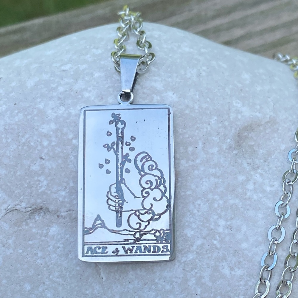 Ace of Wands Tarot Card Necklace Stainless Steel tarot necklace with 20” chain